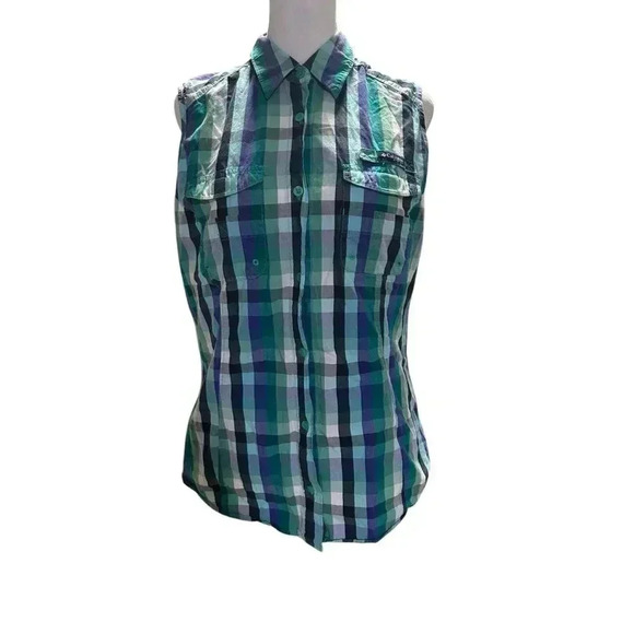Columbia‎ PFG Size M/L Green Blue Plaid Vest - Picture 1 of 8